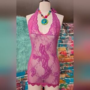 Leg Avenue Purple Lace Halter Top Lingerae Nighty Chemise Size S